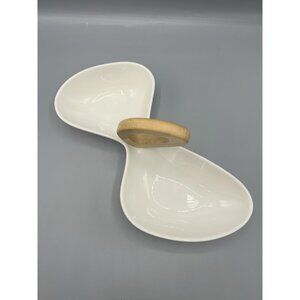 Brandani Italy White Porcelain Divided Dish Bamboo Handle Appetizers Fruit Candy
